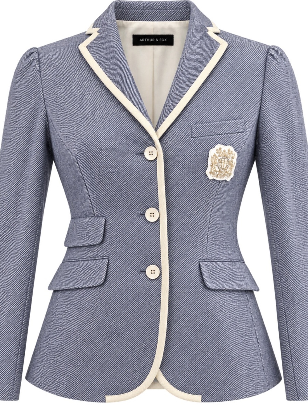 Arthur & Fox Made in Italy 100% Linen Blazer Size 42 Blue Gray Ivory Trim Crest - Picture 2 of 7
